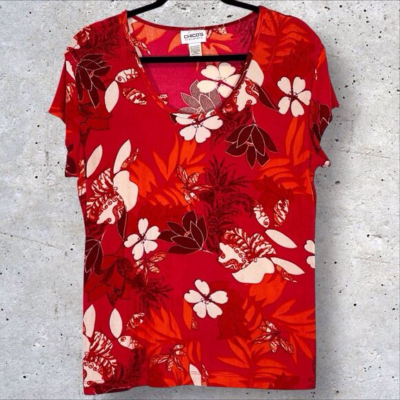 Chicos Travelers Size 2 Short Sleeve Top Red Floral Tropical Size Large Stretchy - Picture 1 of 7